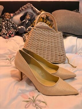 ON 34th Women’s Pointed Toe Mid Heel Pumps in Beige